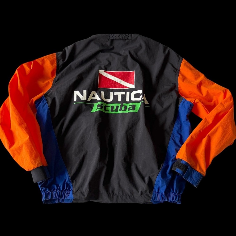 90's Nautica Scuba Windbreaker Jacket XL Black Orange Blue Colorblock 90s Style